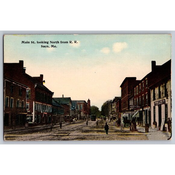 Postcard  Unposted Maine Main St. looking North from R. R. Saco #726 - Picture 1 of 2